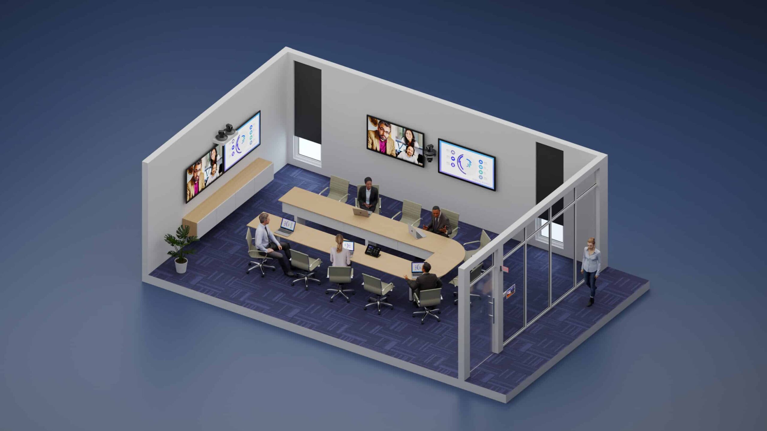 Isometric view: 3 men, 2 women at oval table. 2 screens show charts/photo. Woman enters through glass door. Blue carpet, plant present.