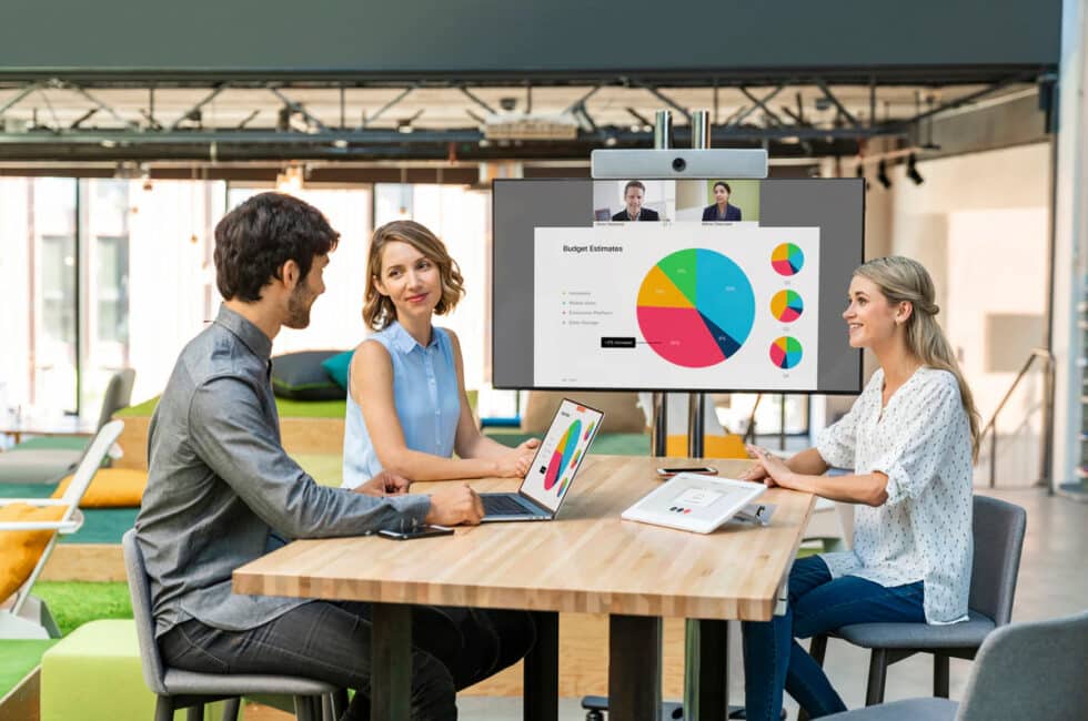 Three people at a table in a modern office join a video call; screen shows Budget Estimates pie chart.