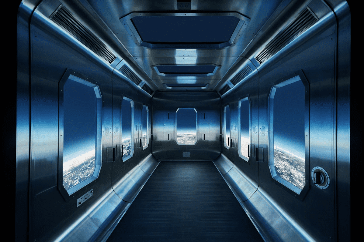 A sleek spacecraft corridor with metallic walls, bathed in blue light. Large windows reveal Earths stunning view from space.