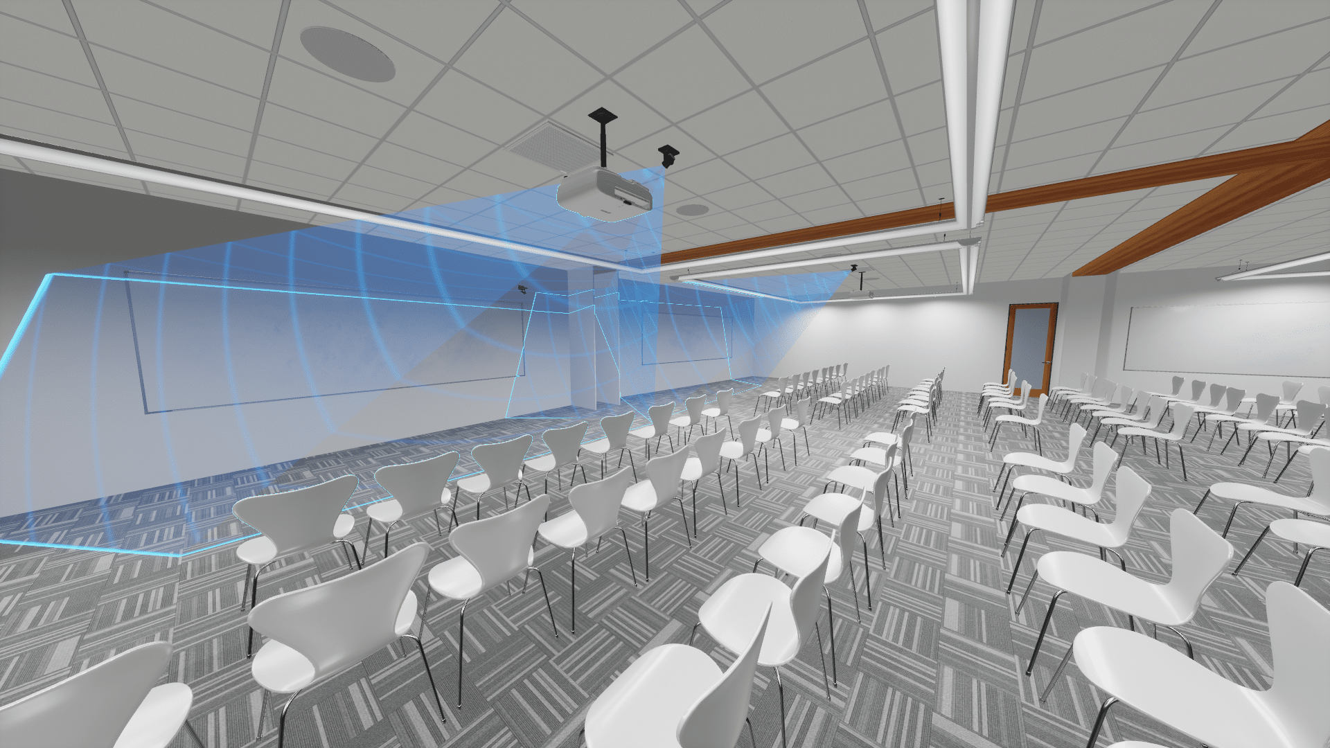 The room has white chairs in rows facing a large screen, overlapping blue projector beams, modern design, patterned carpet, wooden accents.
