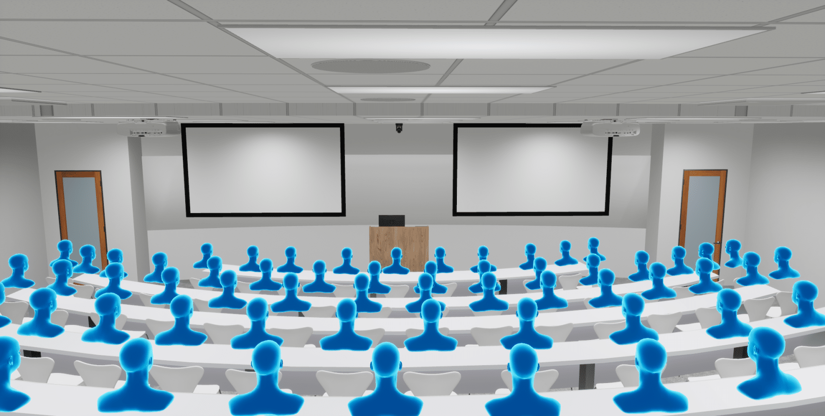 Illustration of a lecture hall with curved desks, blue figures seated, facing two screens and a podium; white ceiling with lights.