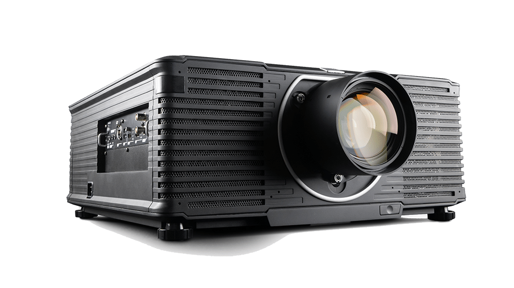 Black rectangular projector with large lens, textured sides, ports, and buttons; sleek for professional or home theater use.