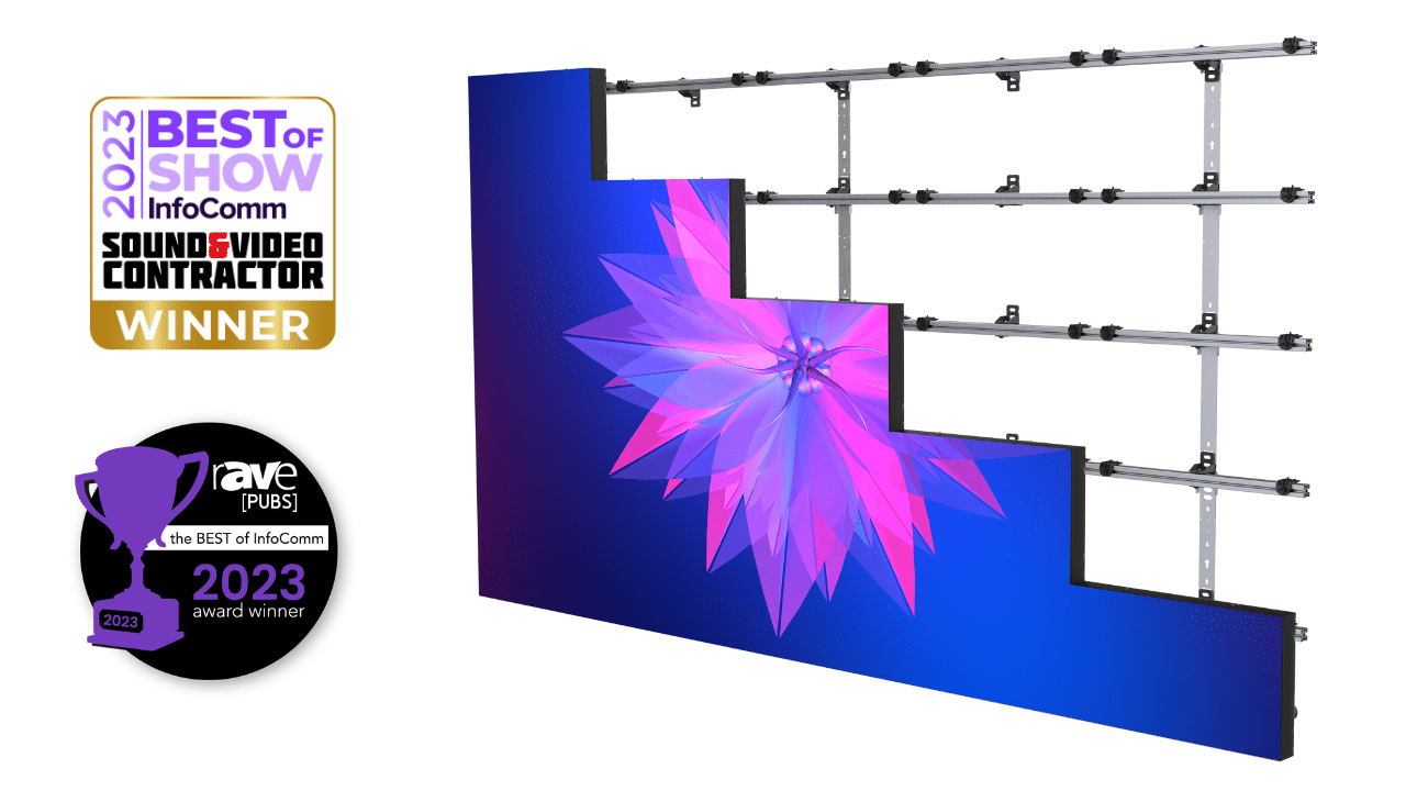 Keep the A modular display screen with an abstract purple-pink flower design, InfoComm & rAVe [PUBS] Best of Show 2023 award badges.