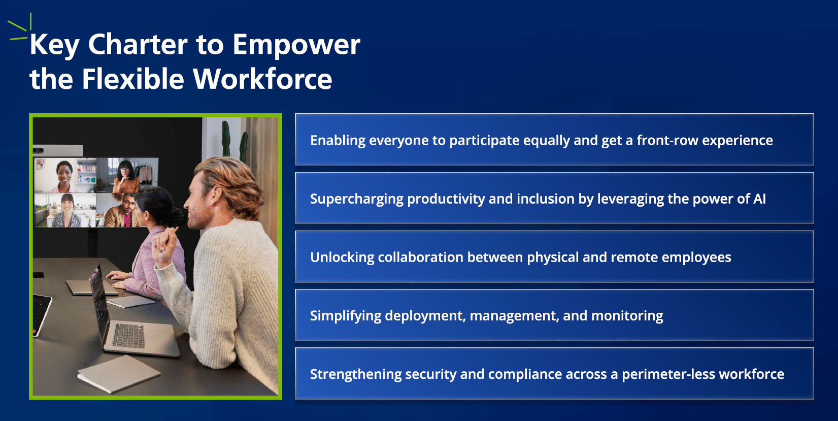 Diverse team on a video call; benefits: participation, productivity, collaboration, simplicity, and security.