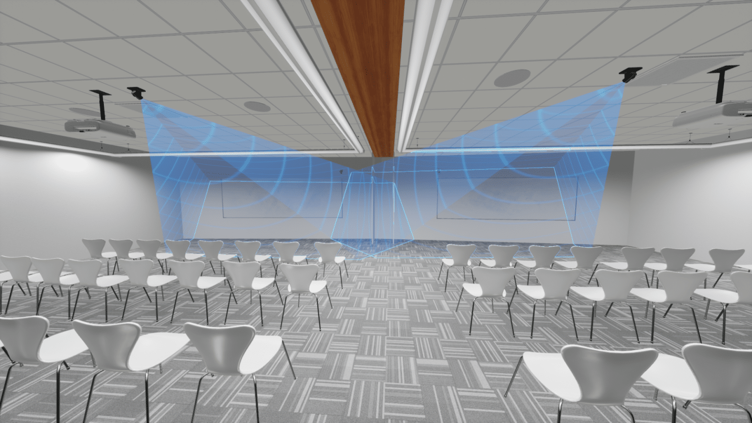 A modern conference room with white chair rows, two large screens, blue geometric sound waves, grey carpet, and white walls.