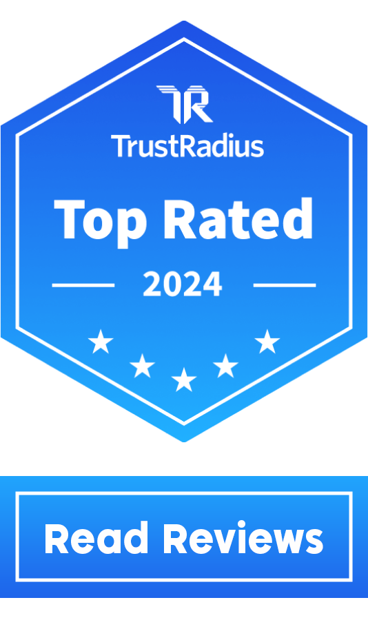 Blue badge with white text: TrustRadius Top Rated 2024, logo at top, five white stars below. Button: Read Reviews in blue.