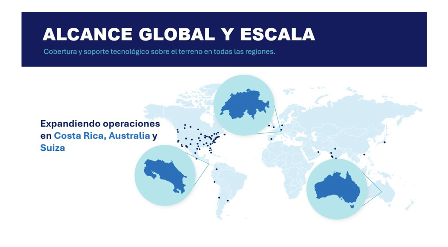 Gráfico de anuncio de AVI-SPL que destaca la expansión de sus operaciones en Costa Rica, Australia y Suiza, con un mapa global, marcadores de ubicación conectados y la identidad corporativa de la marca en colores azul marino y turquesa.